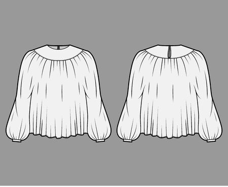 Blouse technical fashion illustration with statement sleeves, floaty loose fit, button fastening at keyhole back. Flat apparel template front, back, white color. Women, men unisex CAD mockupのイラスト素材
