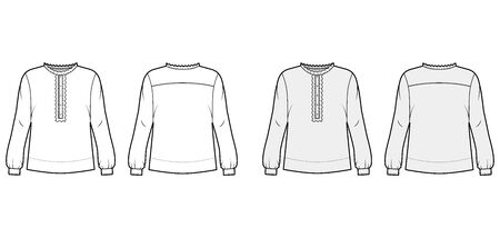 Shirt technical fashion illustration with oversized body, concealed button fastenings along front, ruffles, cropped sleeves. Flat apparel template front, back, white color. Women, men unisex mockupのイラスト素材