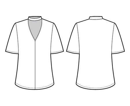 Blouse technical fashion illustration with short bell sleeves, cuff, oversized body, snap fastening choker at the neck. Flat apparel template front back white color. Women men unisex CAD mockupのイラスト素材