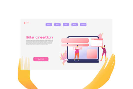 Flat cartoon icon with site creation business landing page template for concept design with characters. Pink purple style with hands infographic metaphor illustration with notebook, flowers, windowsのイラスト素材