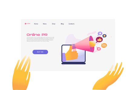 Flat cartoon icon with online PR business landing page template for concept design with characters. Pink purple style with hands infographic metaphor illustration with notebook, likes, speaker, hornのイラスト素材