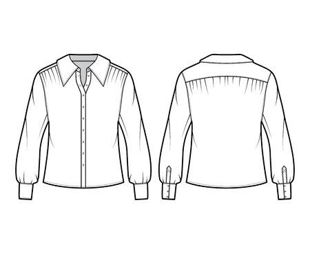 Shirt technical fashion illustration with oversized body, concealed button fastenings along front, ruffles, cropped sleeves. Flat apparel template front, back, white color. Women, men unisex mockupのイラスト素材