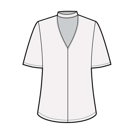 Blouse technical fashion illustration with short bell sleeves, cuff, oversized body, snap fastening choker at the neck. Flat apparel template front grey color. Women men unisex CAD mockupのイラスト素材