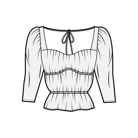 Shirt technical fashion illustration with oversized body, concealed button fastenings along front, ruffles, cropped sleeves. Flat apparel template front, back, white color. Women, men unisex mockupのイラスト素材