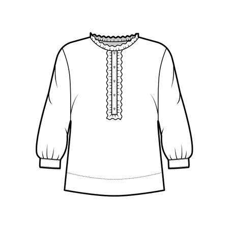 Shirt technical fashion illustration with oversized body, concealed button fastenings along front, ruffles, cropped sleeves. Flat apparel template front, back, white color. Women, men unisex mockupのイラスト素材