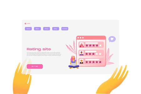 Flat cartoon icon with rating site business landing page template for concept design with characters. Pink purple style with hands infographic metaphor illustration with CRM, windows, stars, flowersのイラスト素材