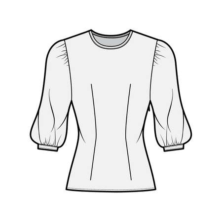 Blouse technical fashion illustration with round neckline, puffy mutton sleeves, fitted body, side zip fastening. Flat apparel template front grey color. Women, men unisex CAD garment designer mockupのイラスト素材