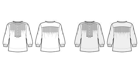 Shirt technical fashion illustration with oversized body, concealed button fastenings along front, ruffles, cropped sleeves. Flat apparel template front, back, white color. Women, men unisex mockupのイラスト素材