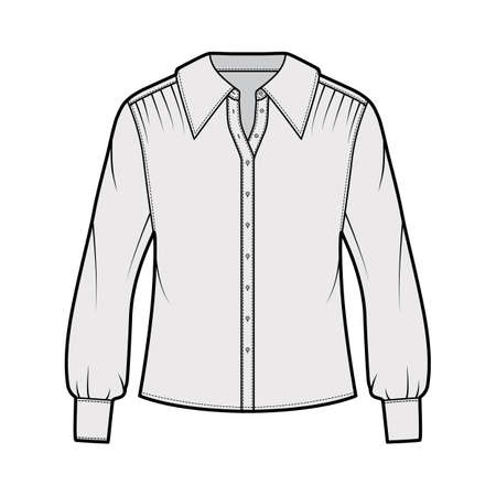 Shirt technical fashion illustration with oversized body, concealed button fastenings along front, ruffles, cropped sleeves. Flat apparel template front, back, white color. Women, men unisex mockupのイラスト素材