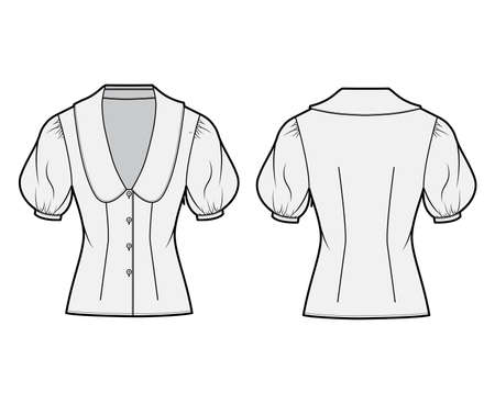 Blouse technical fashion illustration with collar framing the plunging V neck, oversized medium puffed sleeves, fitted body. Flat apparel template front back grey color. Women men unisex CAD mockupのイラスト素材