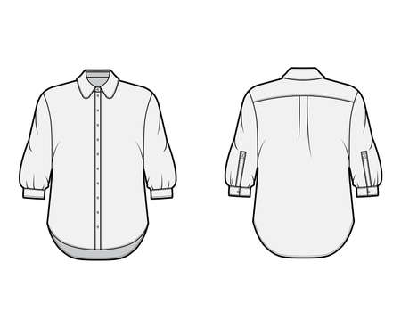Classic shirt technical fashion illustration with button down front opening, round collar, elbow sleeves with cuff, oversized body. Flat apparel template front back grey color. Women, men unisex CADのイラスト素材