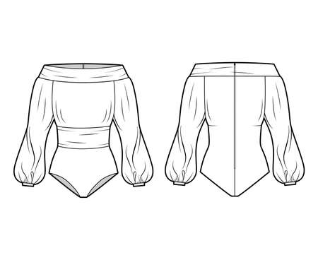 Off-the-shoulder bodysuit technical fashion illustration with long romantic blouson sleeves, back zip fastening. Flat apparel blouse template front, back white color. Women, men and unisex mockupのイラスト素材