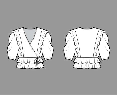  Ruffled wrap blouse technical fashion illustration with peplum hem, elbow volume sleeves. Flat apparel shirt template front, back white color. Women, men and unisex mockup CAD for designerのイラスト素材