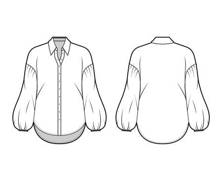 Shirt technical fashion illustration with collar stand, dropped long puff sleeves, oversized body, front button fastenings. Flat apparel blouse template front back grey color. Women men unisex mockupのイラスト素材