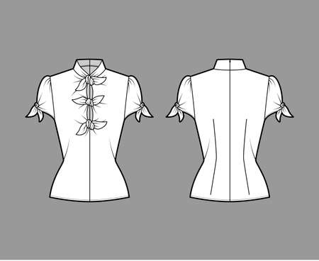 Knotted cutout blouse technical fashion illustration with high neckline, puffed volume sleeves, back zip fastening. Flat apparel template front, back white color. Women men unisex garment CAD mockupのイラスト素材