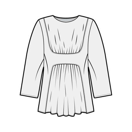 Blouse technical fashion illustration with oversized body, gathered front and back, for a pleated effect, long sleeves. Flat apparel template front, grey color. Women, men, unisex CAD mockupのイラスト素材