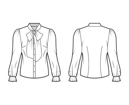 Pussy-bow blouse technical fashion illustration with long blouson sleeves, flouncy ruffled cuffs, fitted body. Flat apparel shirt template front, back, white color. Women men unisex garment CAD mockupのイラスト素材
