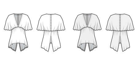 Blouse technical fashion illustration with elbow circle sleeves, deep V neck, split hem and snap-fastenings at back. Flat apparel template front, back white grey color. Women men unisex garment mockupのイラスト素材
