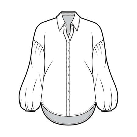 Shirt technical fashion illustration with collar stand, dropped long puff sleeves, oversized body, front button fastenings. Flat apparel blouse template front white color. Women men unisex CAD mockupのイラスト素材