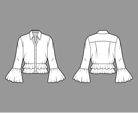 Shirt technical fashion illustration with peplum hem, collar with stand, long sleeves, voluminous fluted cuffs. Flat apparel blouse template front, back, white color. Women men and unisex CAD mockupのイラスト素材