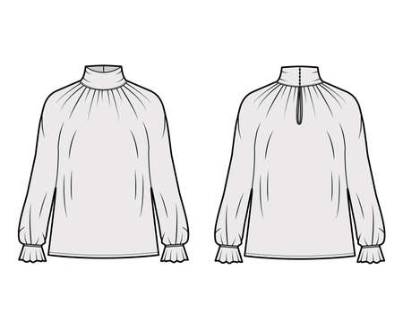 Turtleneck blouse technical fashion illustration with long sleeves, flouncy ruffled cuffs, oversized body. Flat apparel template front, back, grey color. Women men unisex garment CAD mockupのイラスト素材