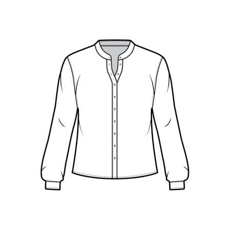 Shirt technical fashion illustration with curved mandarin stand collar and long sleeves with cuff. Flat apparel blouse template front, white color. Women, men and unisex top CAD mockupのイラスト素材