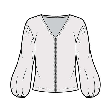 Blouse technical fashion illustration with V neck, dropped voluminous sleeves, oversized body. Flat apparel shirt template front, grey color. Women men and unisex top CAD mockupのイラスト素材