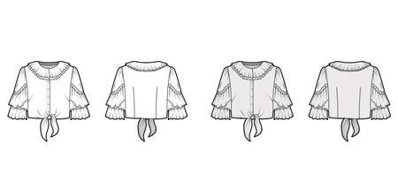 Cropped tie-front blouse technical fashion illustration with ruffled collar and sleeves, front button fastening. Flat apparel shirt template front back, white and grey color. Women, men and unisex CADのイラスト素材