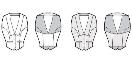 Halterneck vest technical fashion illustration with deep V neck, fitted body, front button fastenings. Flat apparel template front, back, white and grey color. Women men and unisex top CAD mockupのイラスト素材