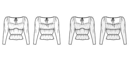 Shirt technical fashion illustration with oversized body, concealed button fastenings along front, ruffles, cropped sleeves. Flat apparel template front, back, white color. Women, men unisex mockupのイラスト素材