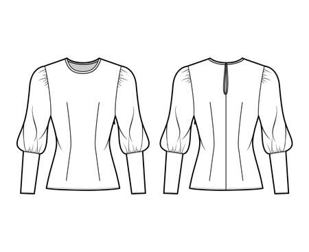 Blouse technical fashion illustration with round neckline, puffy mutton sleeves, fitted body, side zip fastening. Flat apparel template front white color. Women, men unisex CAD garment designer mockupのイラスト素材
