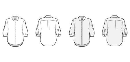 Classic shirt technical fashion illustration set with button down front opening, round collar, elbow sleeves, oversized body. Flat apparel template front back white grey color. Women men unisex mockupのイラスト素材