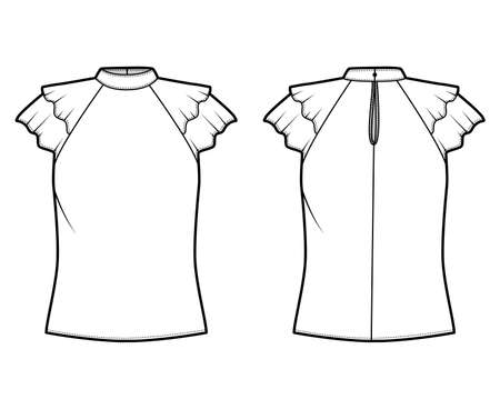 Blouse technical fashion illustration with high neckline banded collar, fluttery ruffles short sleeves, loose fitted body. Flat apparel template front, back white color. Women men unisex CAD mockupのイラスト素材