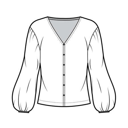 Blouse technical fashion illustration with V neck, dropped voluminous sleeves, oversized body. Flat apparel shirt template front, white color. Women men and unisex top CAD mockupのイラスト素材