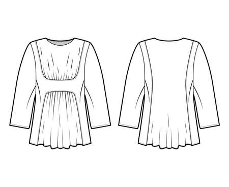 Blouse technical fashion illustration with oversized body, gathered front and back, for a pleated effect, long sleeves. Flat apparel template front, back, white color. Women, men, unisex CAD mockupのイラスト素材
