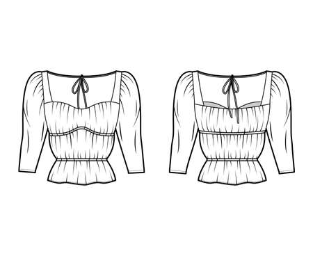 Shirt technical fashion illustration with oversized body, concealed button fastenings along front, ruffles, cropped sleeves. Flat apparel template front, back, white color. Women, men unisex mockupのイラスト素材