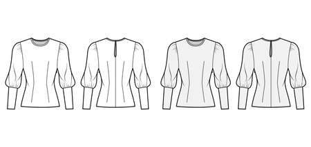 Blouse technical fashion illustration set with round neckline, puffy mutton sleeves, fitted body. Flat apparel template front, back, grey and white color. Women, men unisex CAD garment designer mockupのイラスト素材