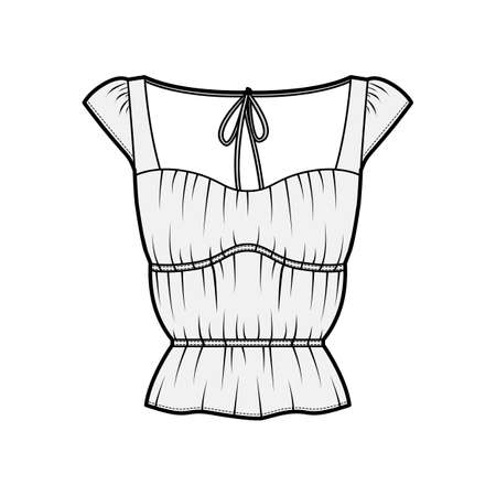 Shirt technical fashion illustration with oversized body, concealed button fastenings along front, ruffles, cropped sleeves. Flat apparel template front, back, white color. Women, men unisex mockupのイラスト素材