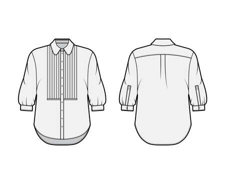 Shirt technical fashion illustration with bib, button down front opening, round collar, elbow sleeves with cuff, oversized body. Flat apparel template front back grey color. Women, men unisex mockupのイラスト素材