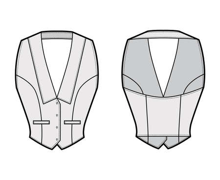 Halterneck vest technical fashion illustration with deep V neck, fitted body, front button fastenings. Flat apparel template front, back, grey color. Women men and unisex top CAD mockupのイラスト素材
