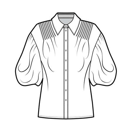 Shirt technical fashion illustration with elbow puff sleeves, oversized body, pintucks, front button fastenings. Flat apparel blouse template front, white color. Women men unisex top garment CADのイラスト素材