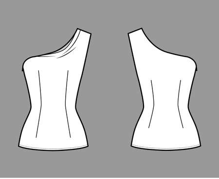 One-shoulder top technical fashion illustration with fitted body, close fit, sleeveless, side zip fastening. Flat apparel blouse template front, back white color. Women, men and unisex mockup CADのイラスト素材