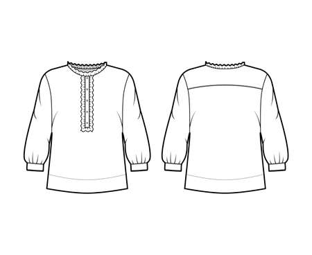 Shirt technical fashion illustration with oversized body, concealed button fastenings along front, ruffles, cropped sleeves. Flat apparel template front, back, white color. Women, men unisex mockupの写真素材