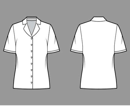 Pajama style blouse technical fashion illustration with notched lapel collar, short sleeves, loose fit body. Flat apparel template front back white color. Women, men unisex CAD garment designer mockupの写真素材