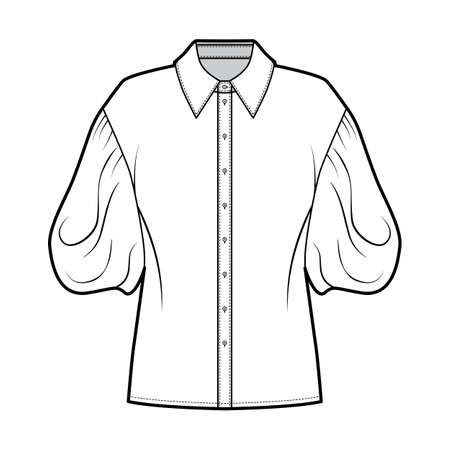 Shirt technical fashion illustration with elbow puff sleeves, oversized body, front button fastenings. Flat apparel blouse template front, white color. Women men unisex top garment CAD mockupのイラスト素材