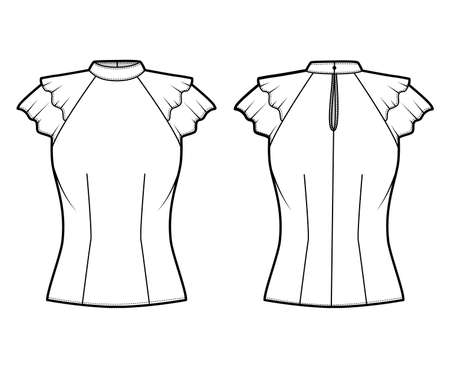 Blouse technical fashion illustration with high neckline banded collar, fluttery ruffles short sleeves, fitted body. Flat apparel template front, back white color. Women men unisex CAD garment mockupの写真素材