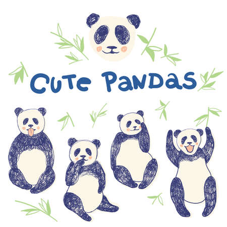 Set of hand drawn cute pandas with bamboo leaves and lettering for children and adults clothes prints screen in 4-5 colours. Print for t-shirt for kids fashion artwork children and adults books. Fashion illustration drawing in modern style.の写真素材
