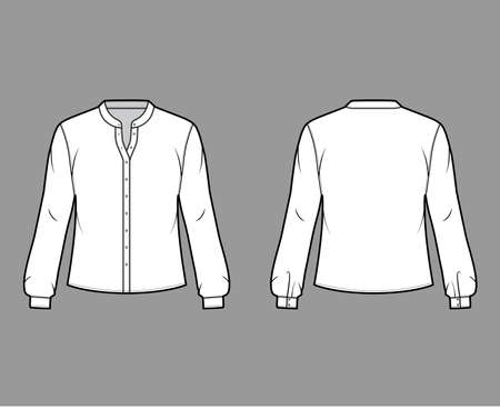Shirt technical fashion illustration with curved mandarin stand collar and long sleeves with cuff. Flat apparel blouse template front back, white color. Women, men and unisex top CAD mockupのイラスト素材