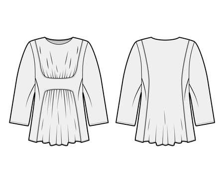 Blouse technical fashion illustration with oversized body, gathered front and back, for a pleated effect, long sleeves. Flat apparel template front, white color. Women, men, unisex CAD mockupのイラスト素材