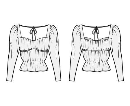 Shirt technical fashion illustration with oversized body, concealed button fastenings along front, ruffles, cropped sleeves. Flat apparel template front, back, white color. Women, men unisex mockupのイラスト素材